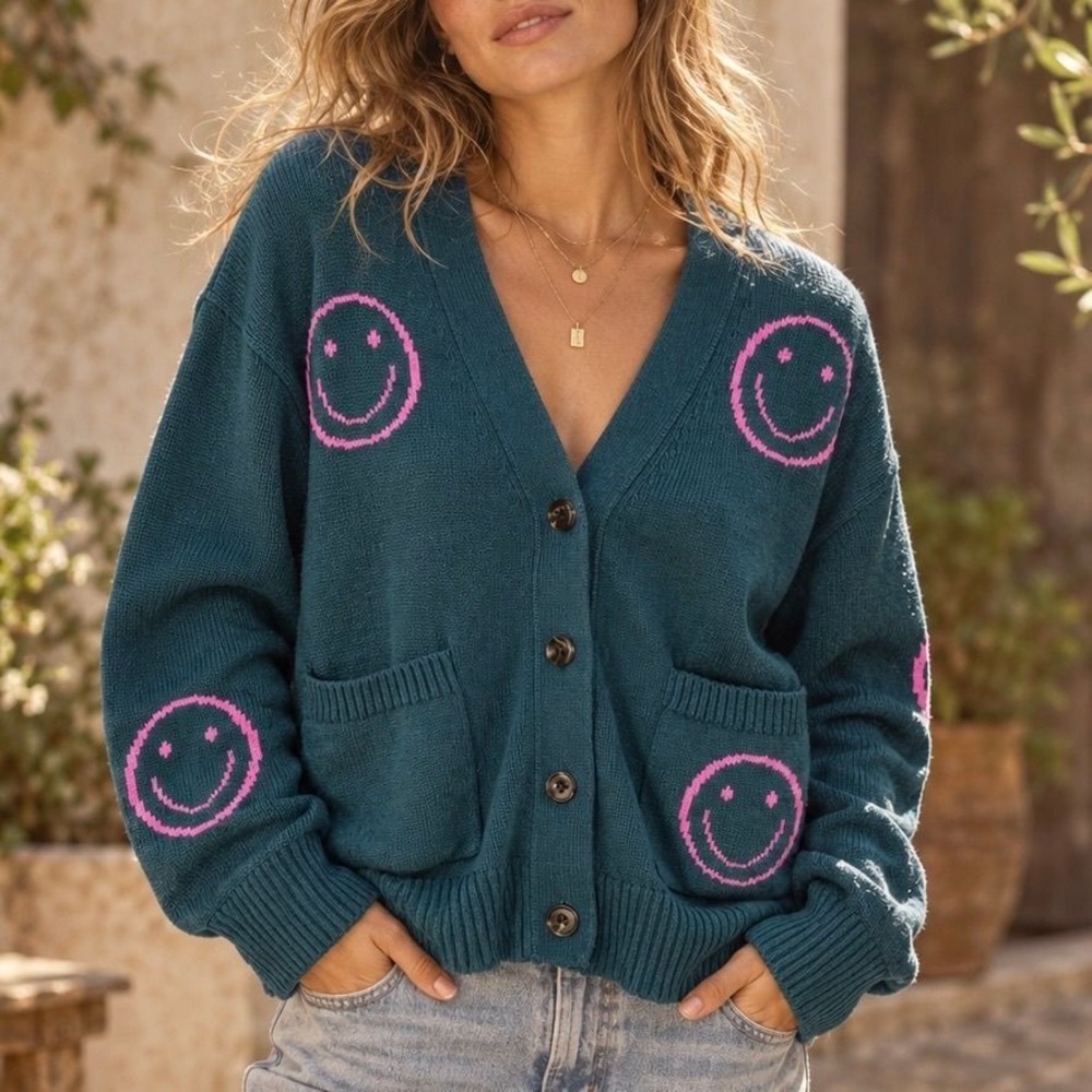 Rails Reese Forest Smiles Smiley Face Knit Cardigan Teal Pink XS 856B-310-5098